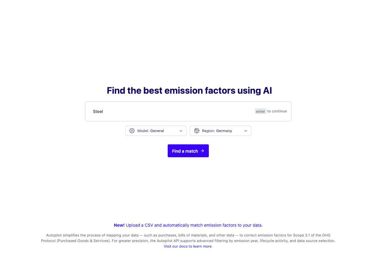 Mapping Agent showing matched emission factors for the search term "Steel"