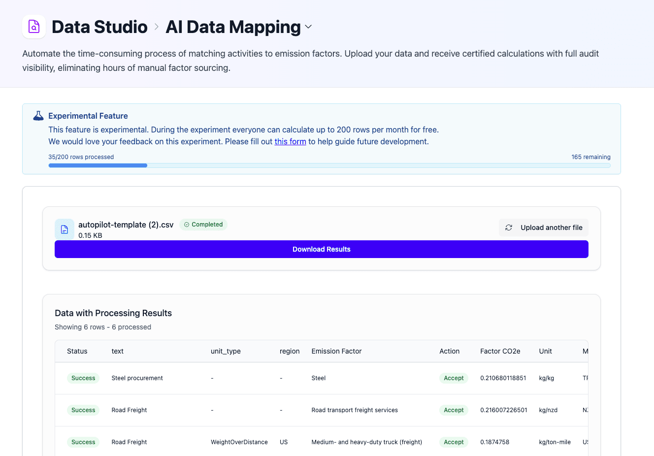 Data Studio AI Data Mapping showing matched emission factors and CO2e results for uploaded activity data
