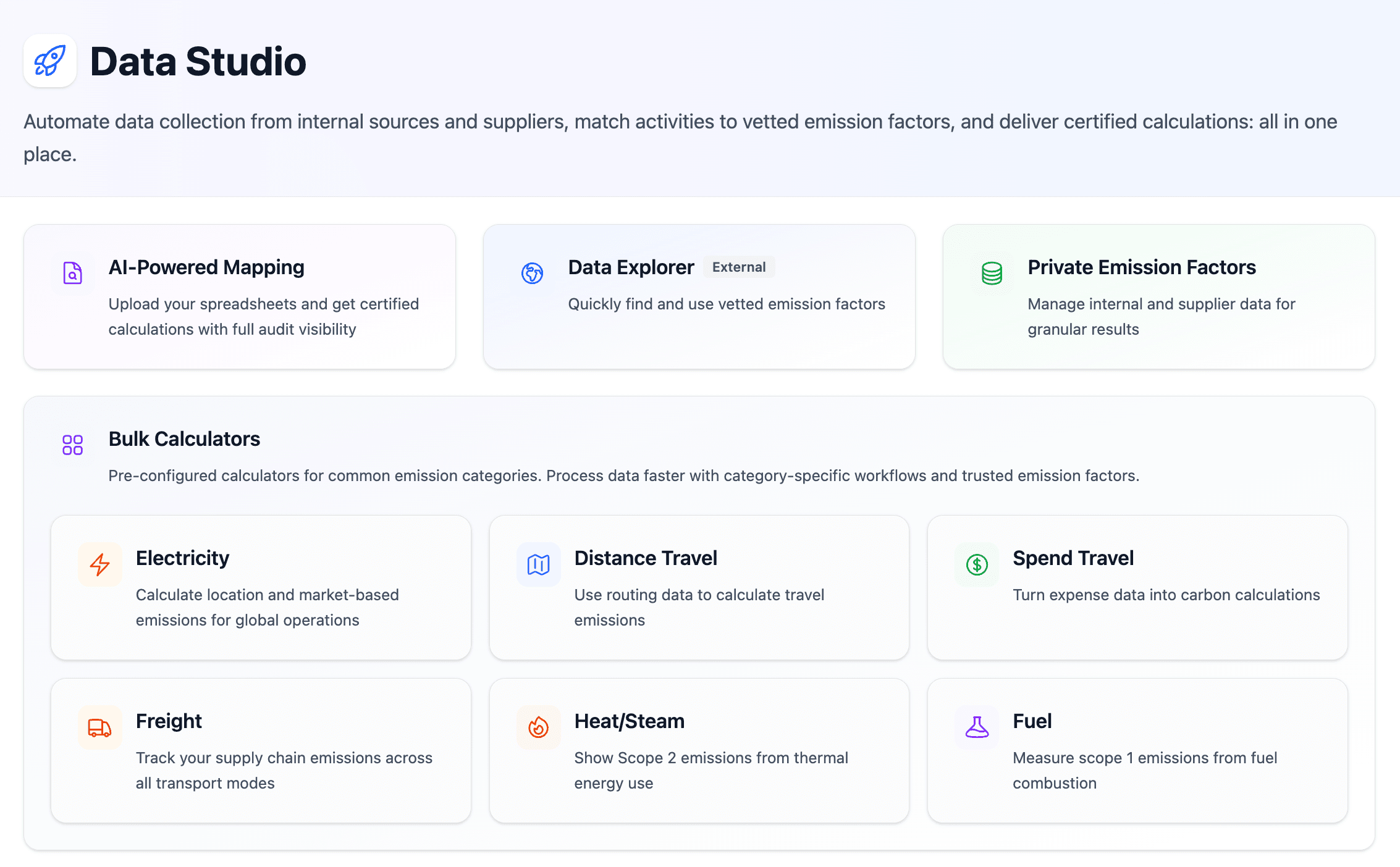 Data Studio Bulk Calculators showing available emission category templates