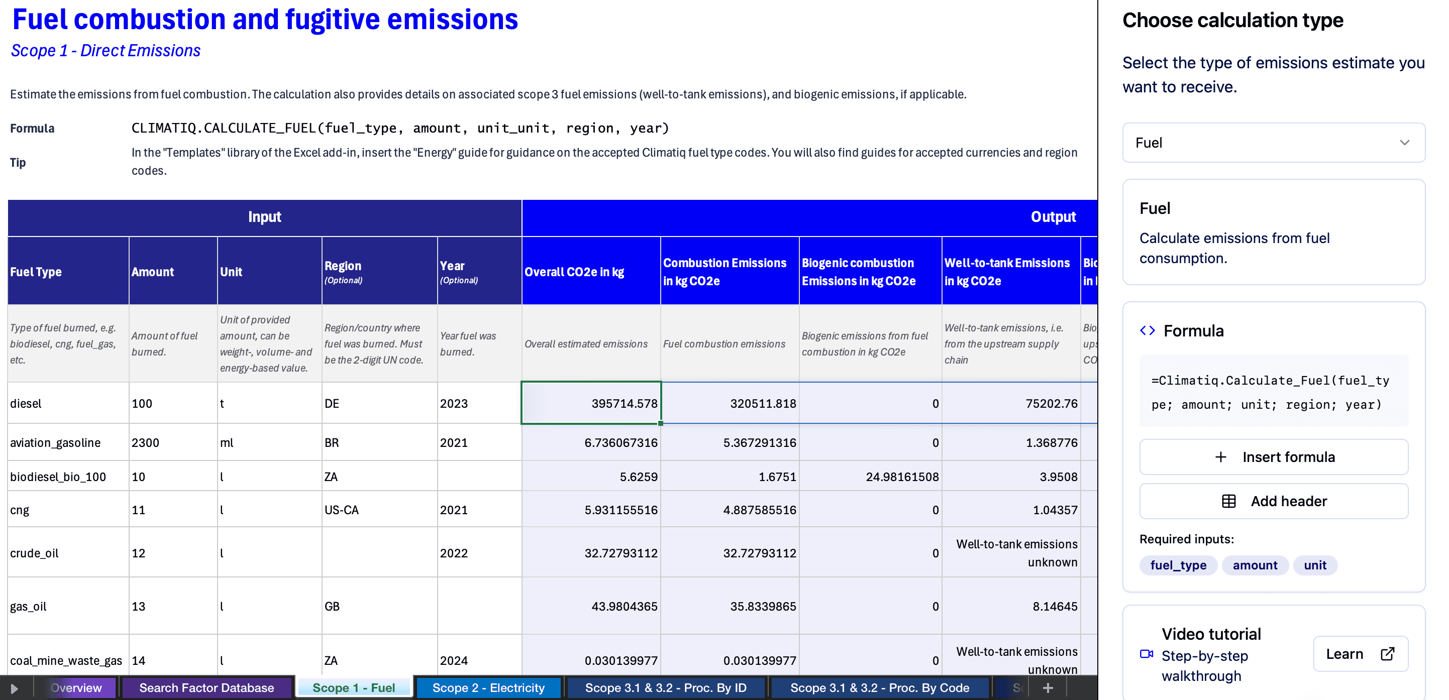 The Climatiq Excel Add-in showing the guided sidebar panel and calculation tabs