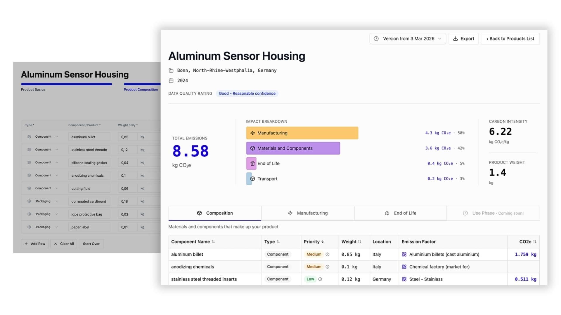 PCF Studio interface showing product carbon footprint calculation