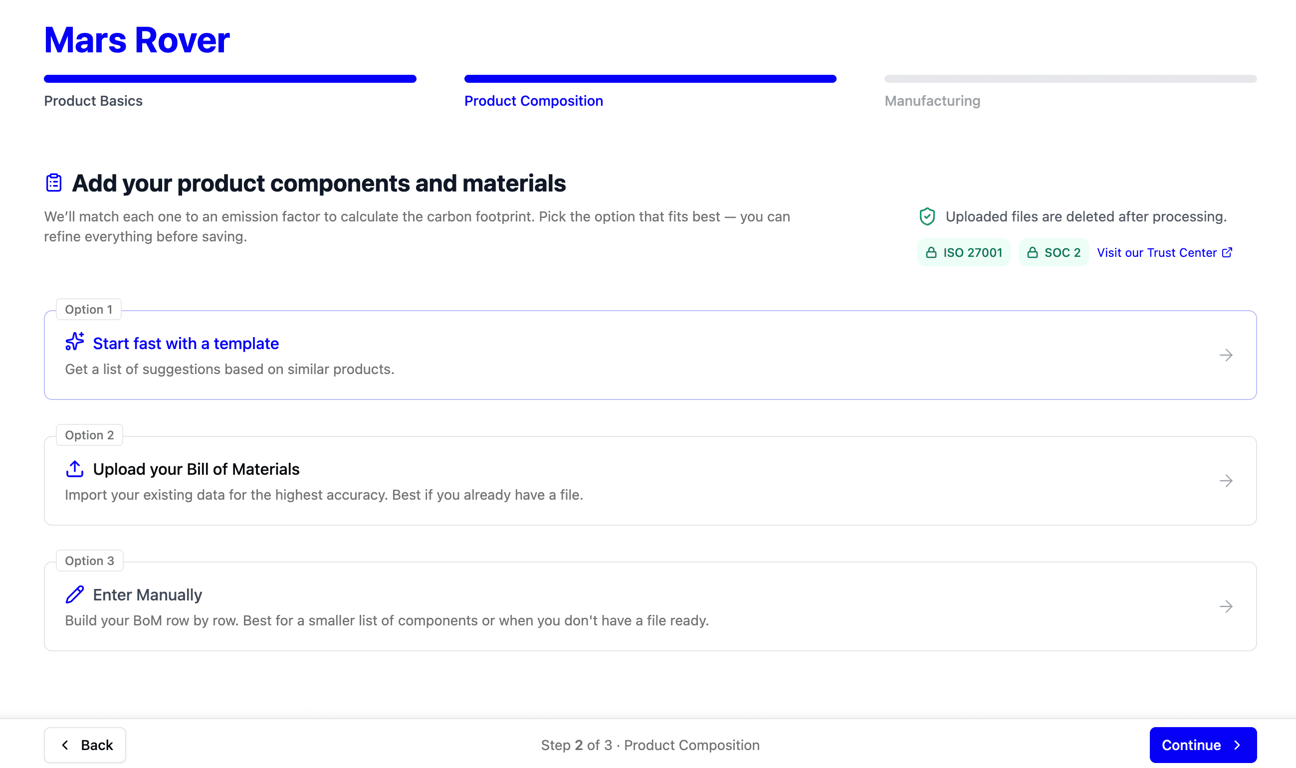 Different ways of adding the bill of materials in PCF Studio: using templates, AI, or manual input