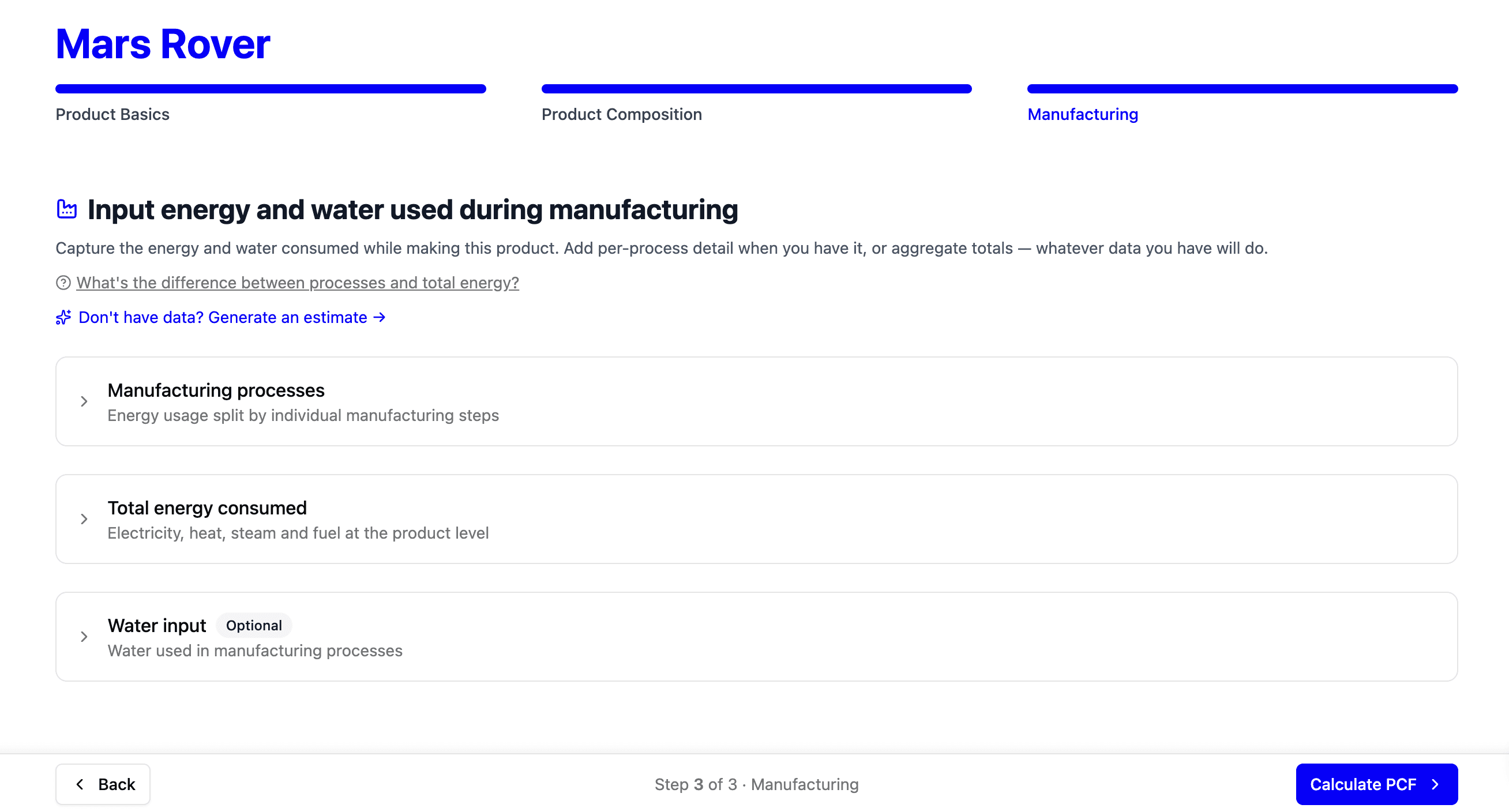 Manufacturing process-level energy input
