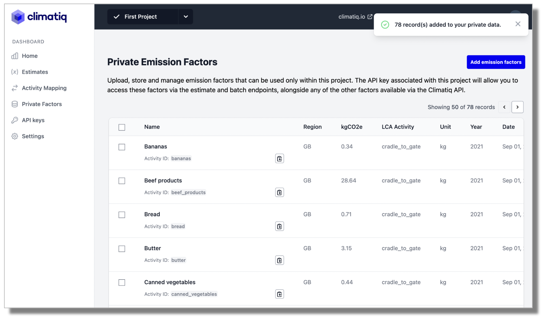 Display private emission factors